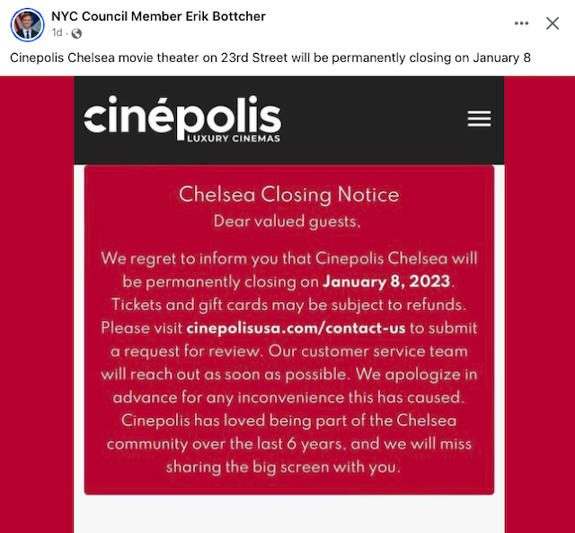 January 8 is Cinépolis Chelsea’s Last Picture Show