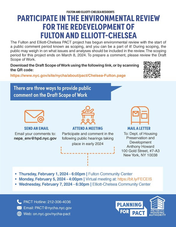 February 1, 5, 7: Participate in the Environmental Review for Redevelopment of NYCHA’s Fulton & Elliott-Chelsea Houses