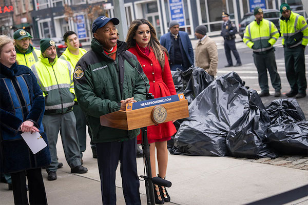 Feb. 1, 2024: NYC Mayor Eric Adams (at podium) launches the next phase of NYC's war on trash. | Photo via nyc.org